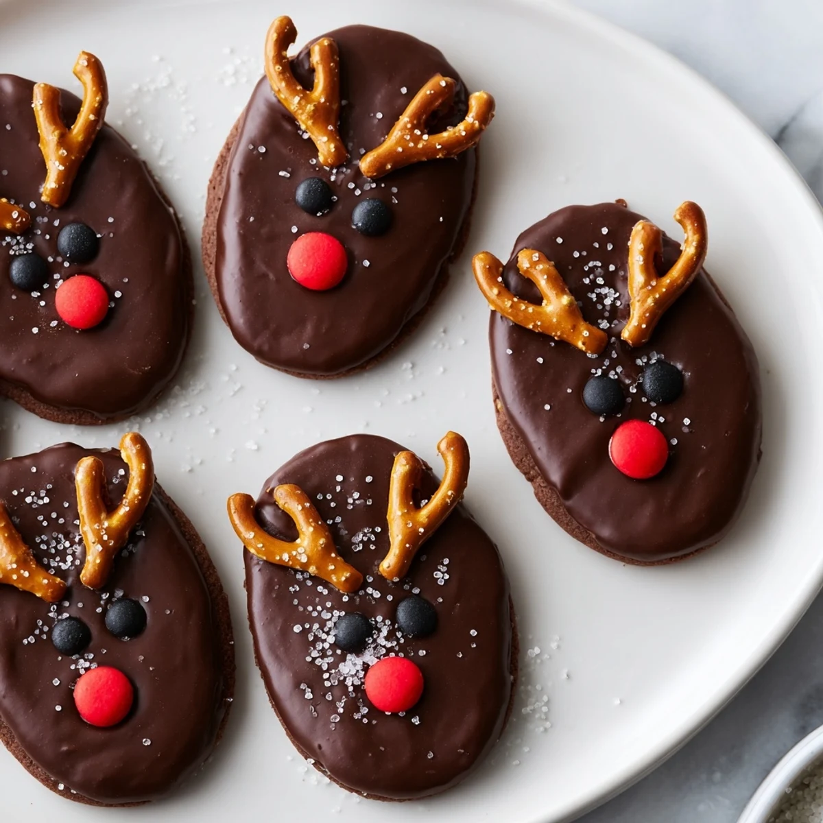 Close-up of freshly decorated Santa's Reindeer Cookies, featuring edible details and ready for the holidays.