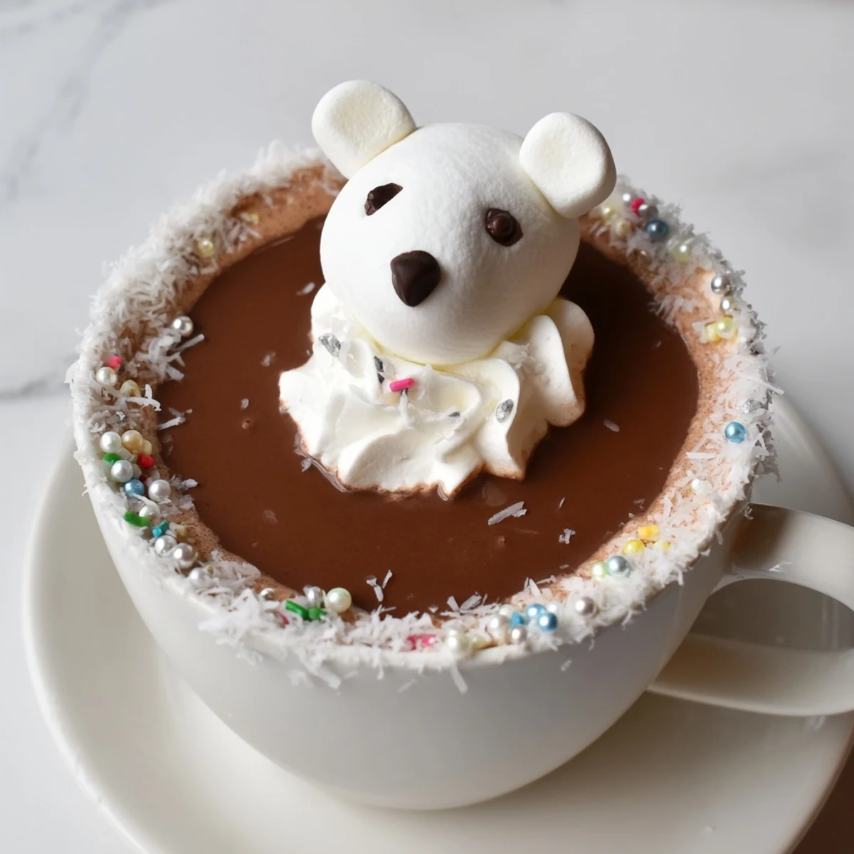 Rich, decadent Polar Bear Hot Chocolate Platter, served with whimsical toppings like chocolate chip eyes.
