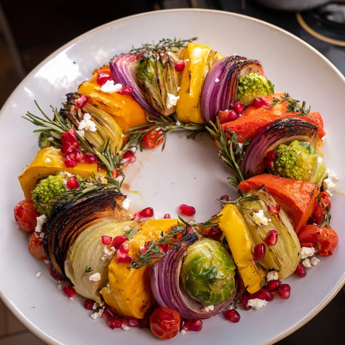 This beautifully arranged Festive Vegetable Christmas Wreath features roasted, caramelized winter vegetables.