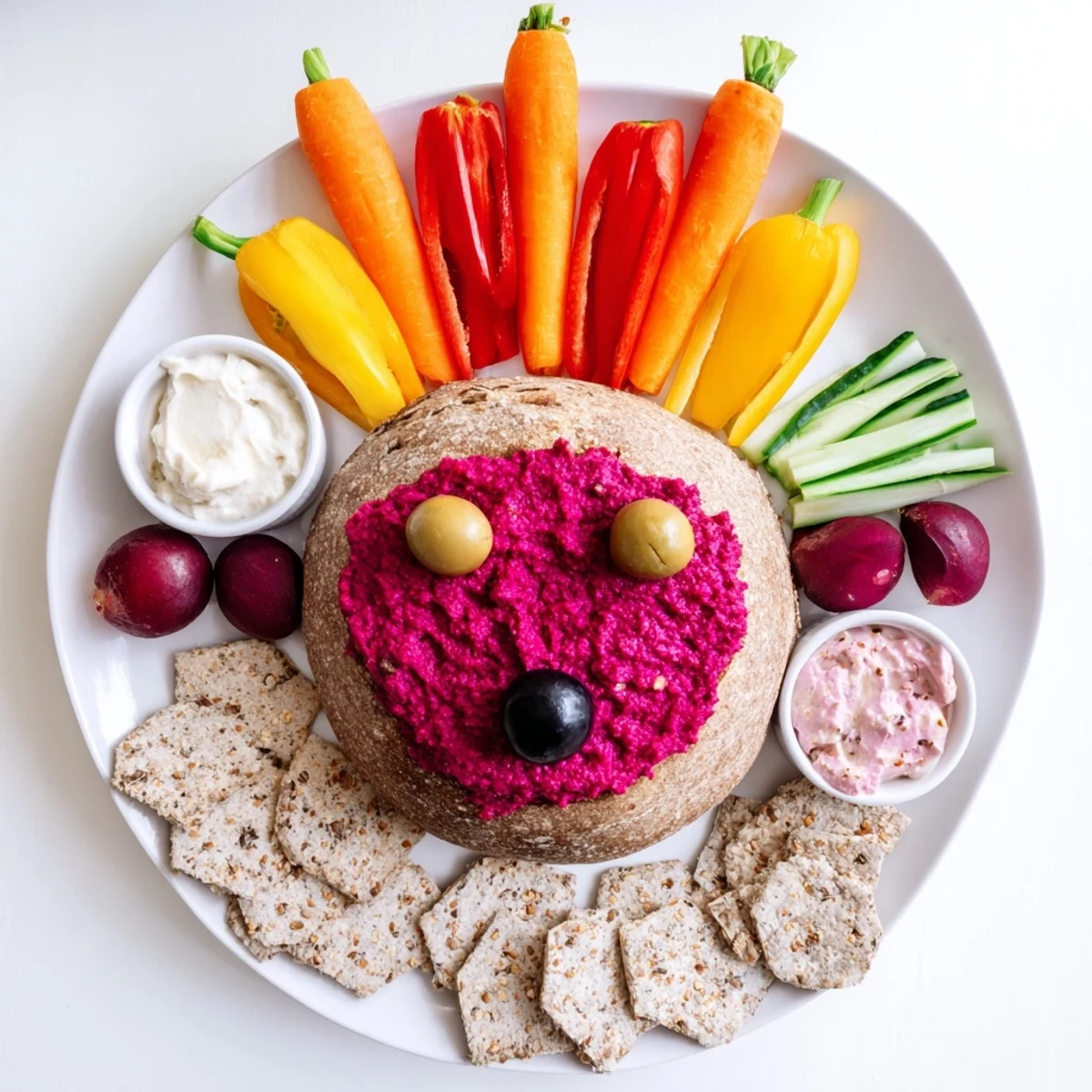 Autumn Hedgehog Dip Platter featuring colorful vegetable "spines" and savory dips for a festive appetizer.
