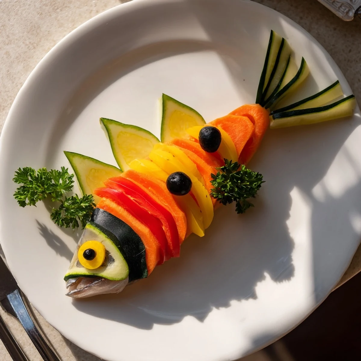 Beautifully plated, this light fish-shaped meal boasts colorful veggie scales with a baked, tender white fish.