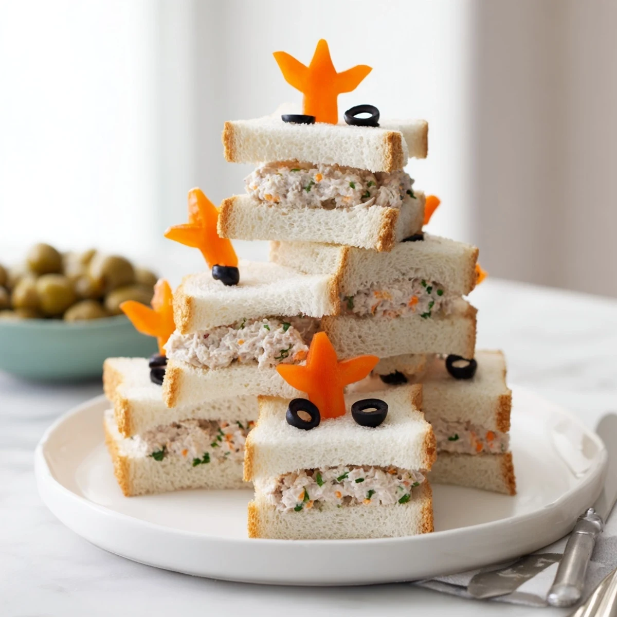 Tender, bite-sized mini starfish sandwiches, featuring tuna salad filling, perfect for a kids' party.