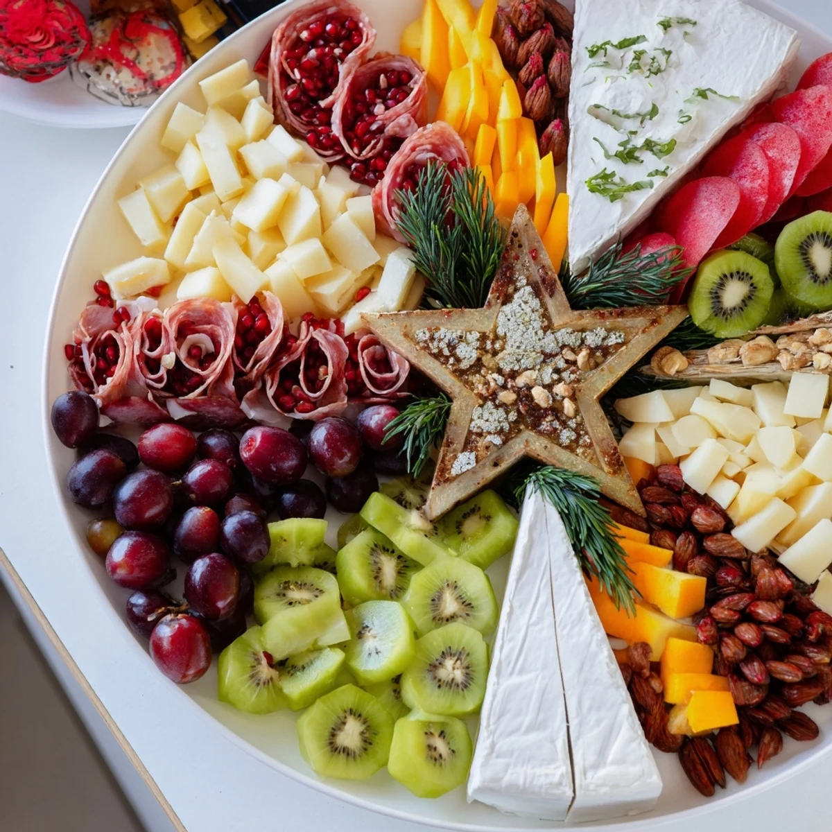 Festive Holiday Tree Appetizer Platter arranged with colorful cheeses, meats, and fruits on a wooden serving board.