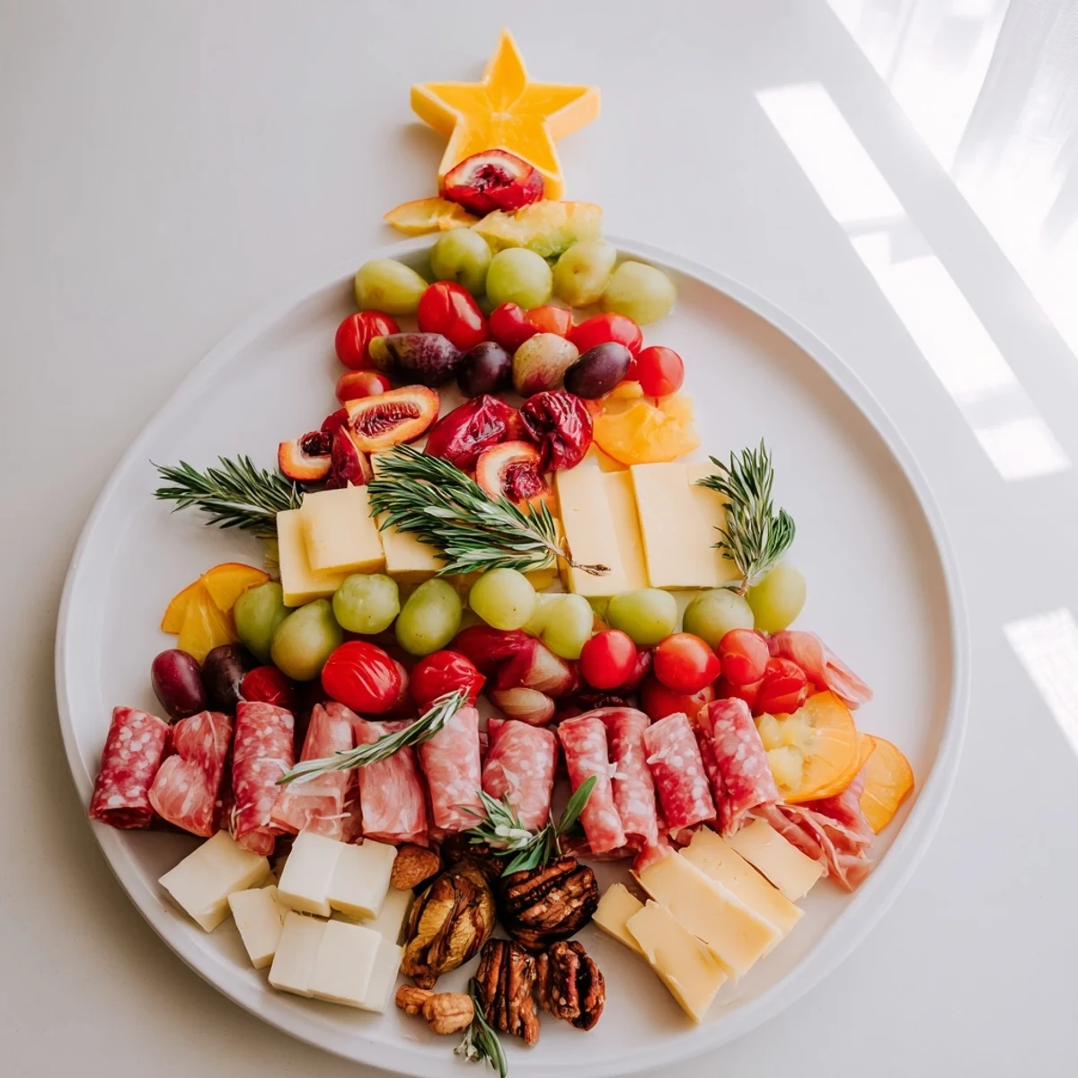 Vibrant Festive Holiday Tree Appetizer Platter showcasing a holiday spread of cheeses and savory treats.