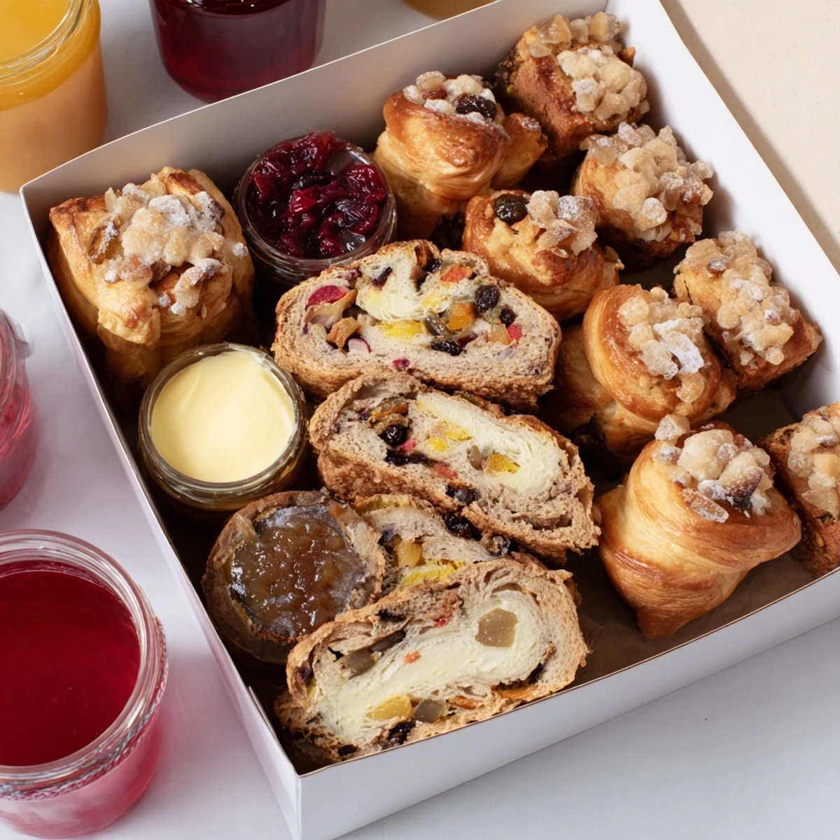 A beautifully arranged Christmas Brunch Gift Box includes mini croissants, cheese, and gourmet delights.