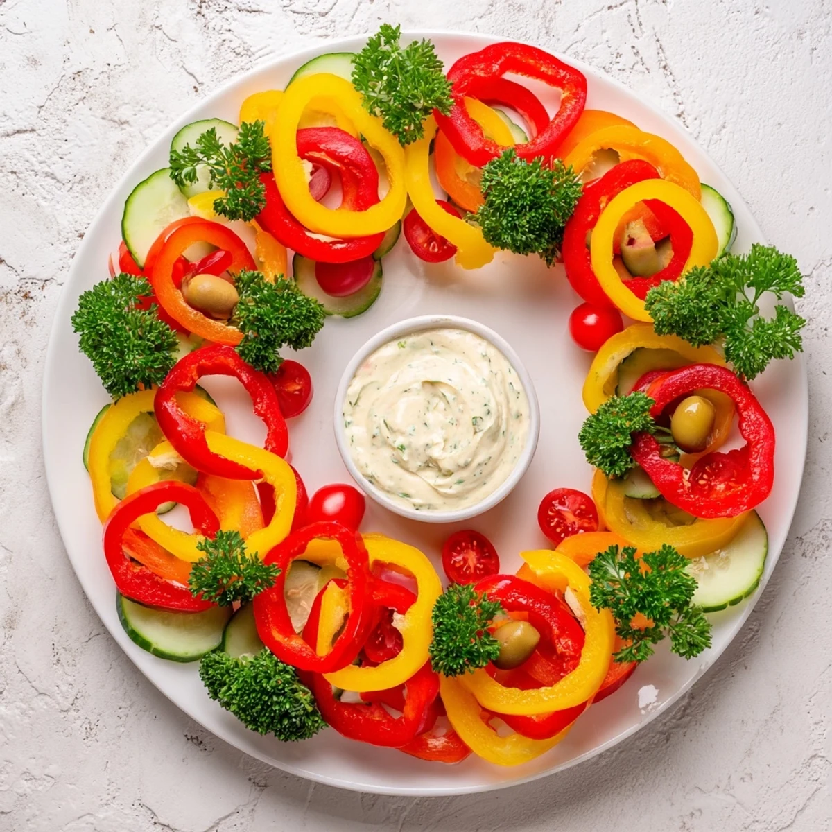 Delicious and festive, this vibrant Festive Bell Pepper Wreath is ready to be served.