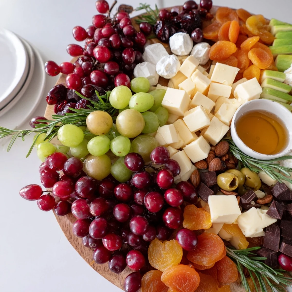 Vibrant Cranberry Joy Tree Board arranged with cheeses, fruits, and savory bites, perfect for holiday entertaining.