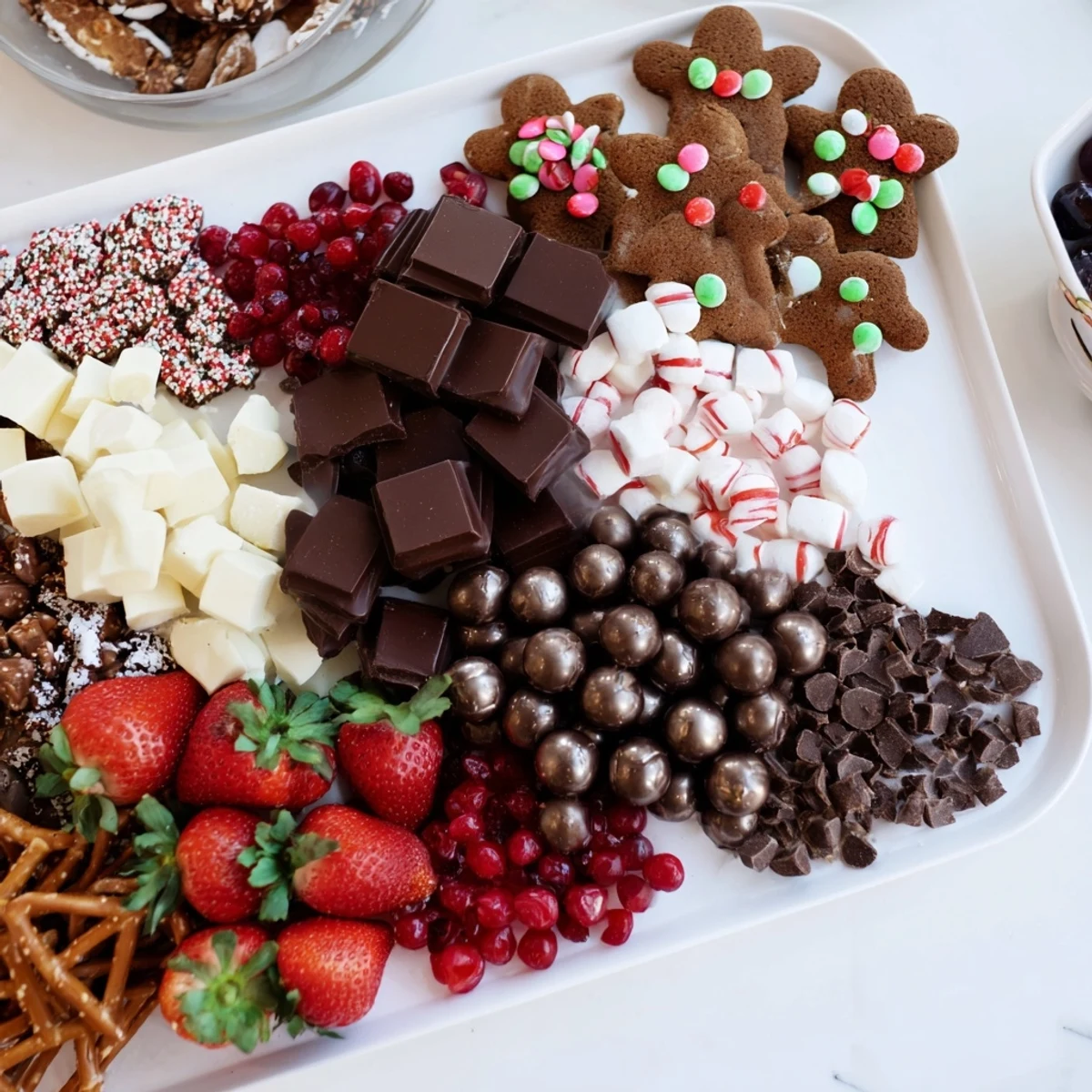 A delightful Cozy Mitten Dessert Board featuring Christmas colors and textures, ready to enjoy with friends.