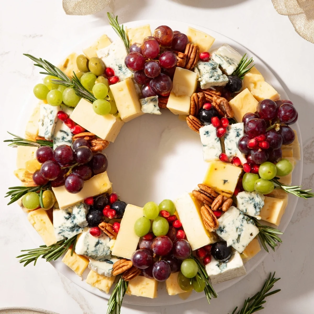 Festive Holiday Wreath Cheese Ring displays an array of cheeses and fruits, ready to serve at a holiday party.