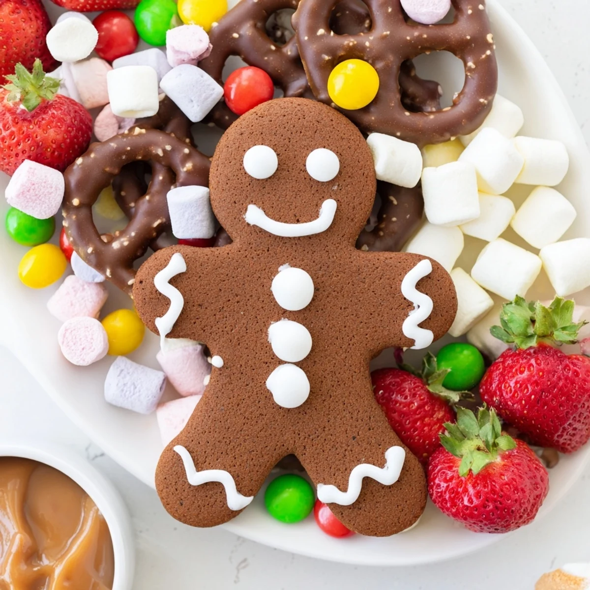 A festive Gingerbread Man Cookie Board overflowing with treats like pretzels, marshmallows, and fresh strawberries.