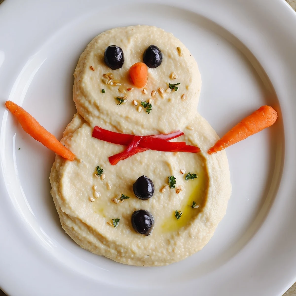 Festive Melted Snowman Hummus Platter, a playful winter appetizer with colorful veggie dippers.