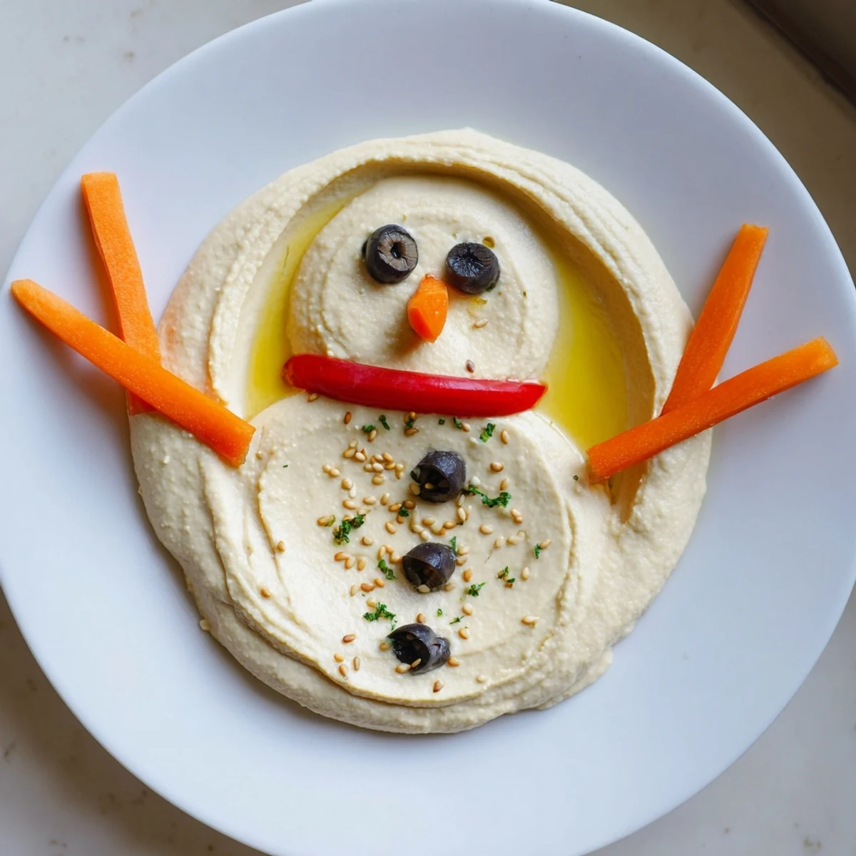 Creamy homemade Melted Snowman Hummus Platter, perfect for a gluten-free holiday snack board.