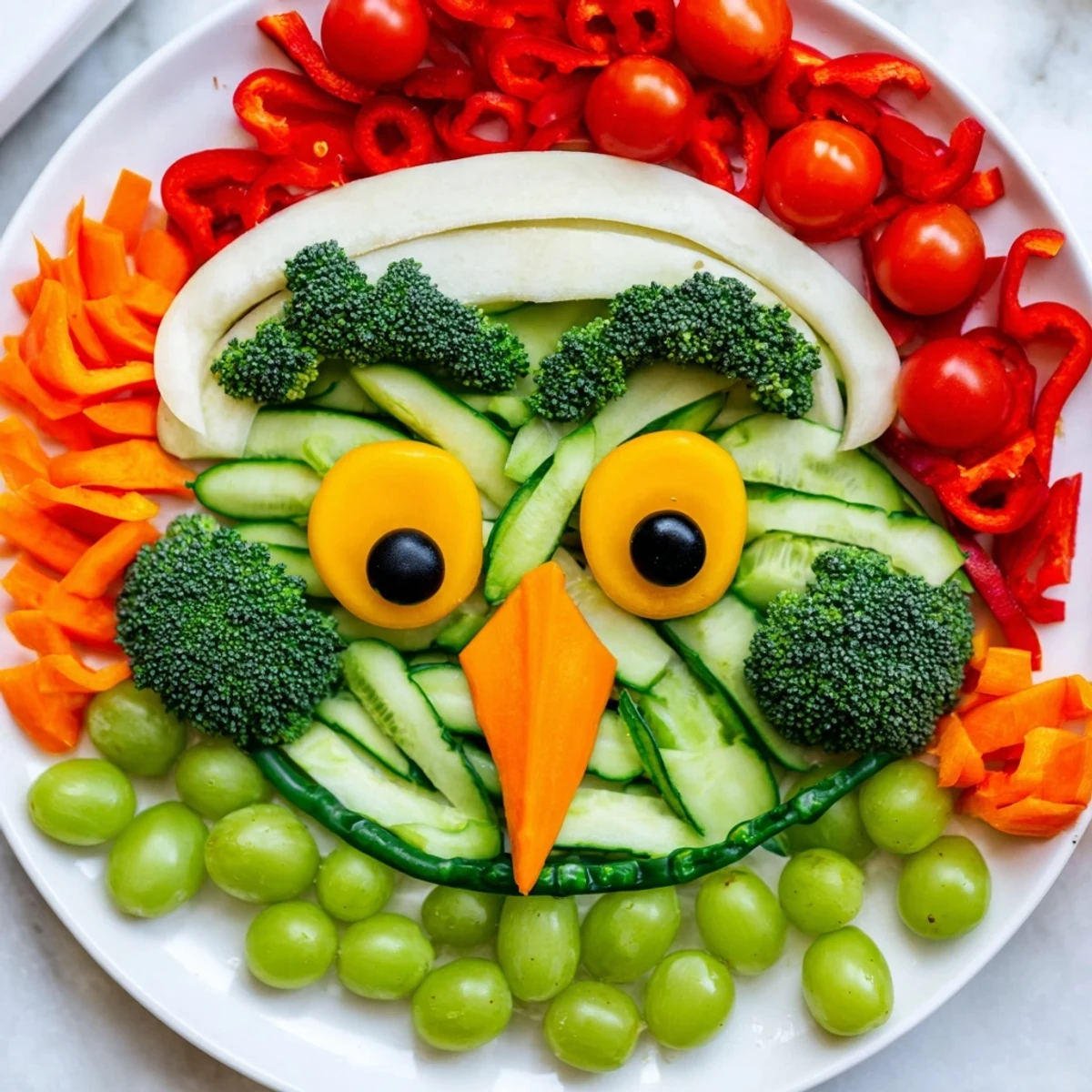 Savory Crudités: Grinch Face Veggie Platter with green broccoli and cucumber, ready to serve and enjoy.
