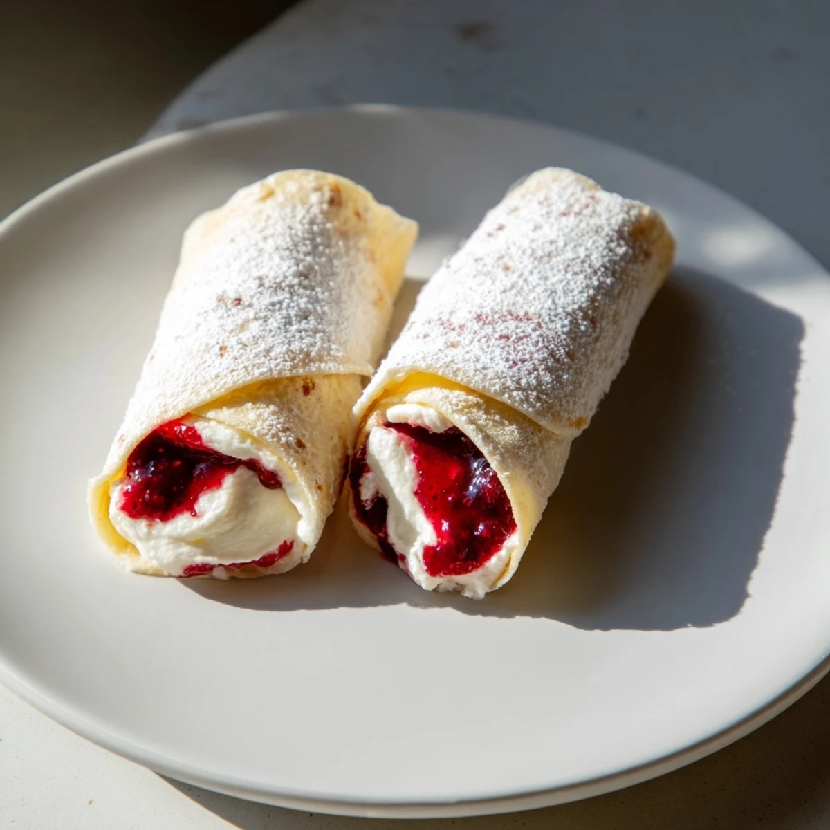 A close-up view of halved Snow Angel Tortilla Wraps reveals creamy cheese and berry jam filling.