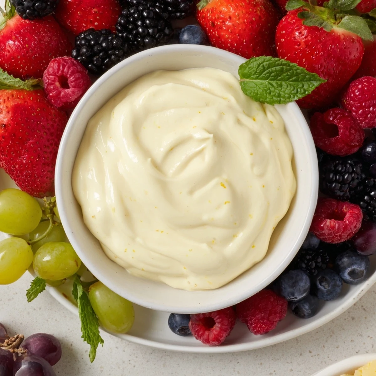 A close-up view of the Mistletoe Kiss Berry Dip Board, showcasing luscious berries and sweet dip.