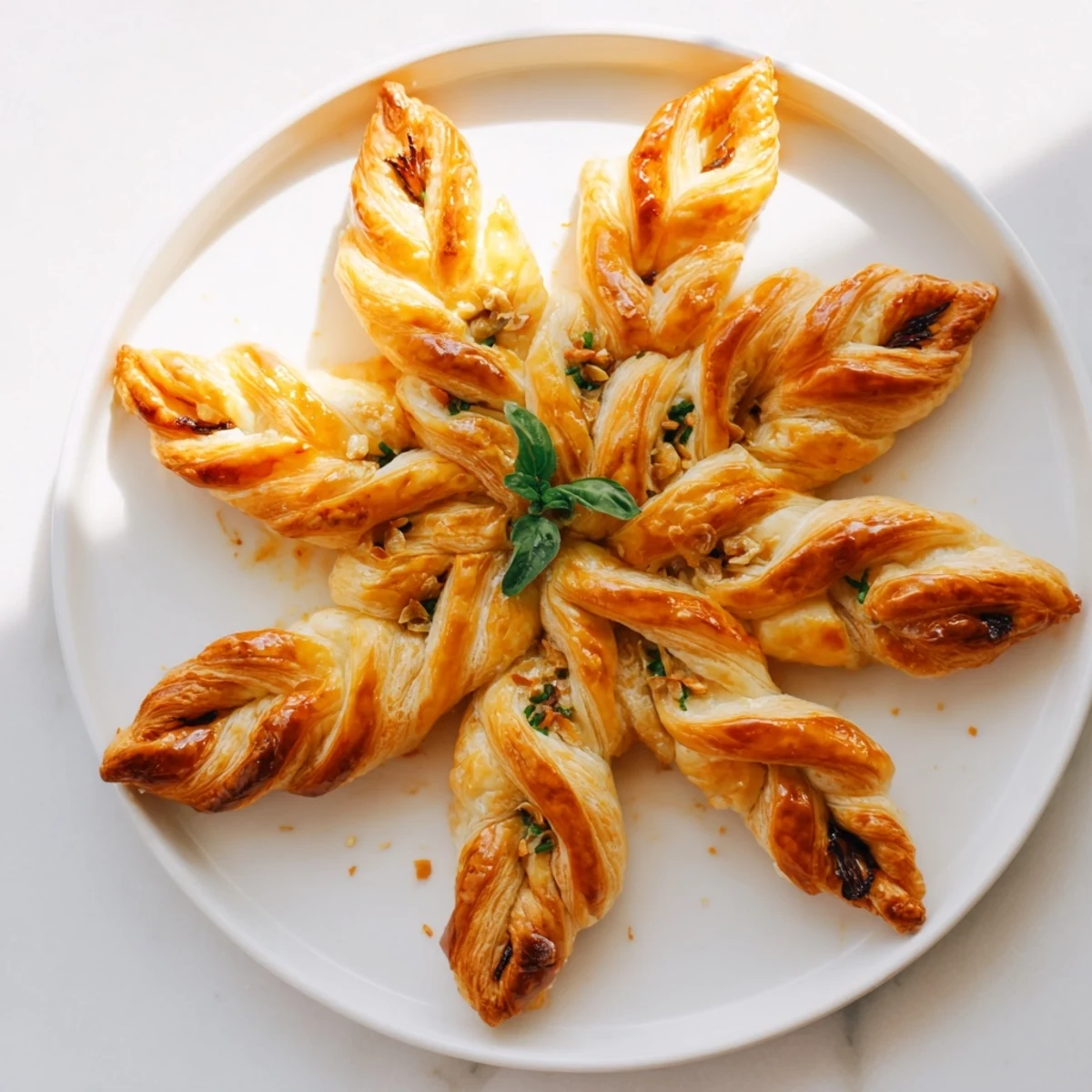 Golden, flaky Poinsettia Puff Pastry Appetizer overflowing with herbed cream cheese and sun-dried tomatoes, ready to serve.