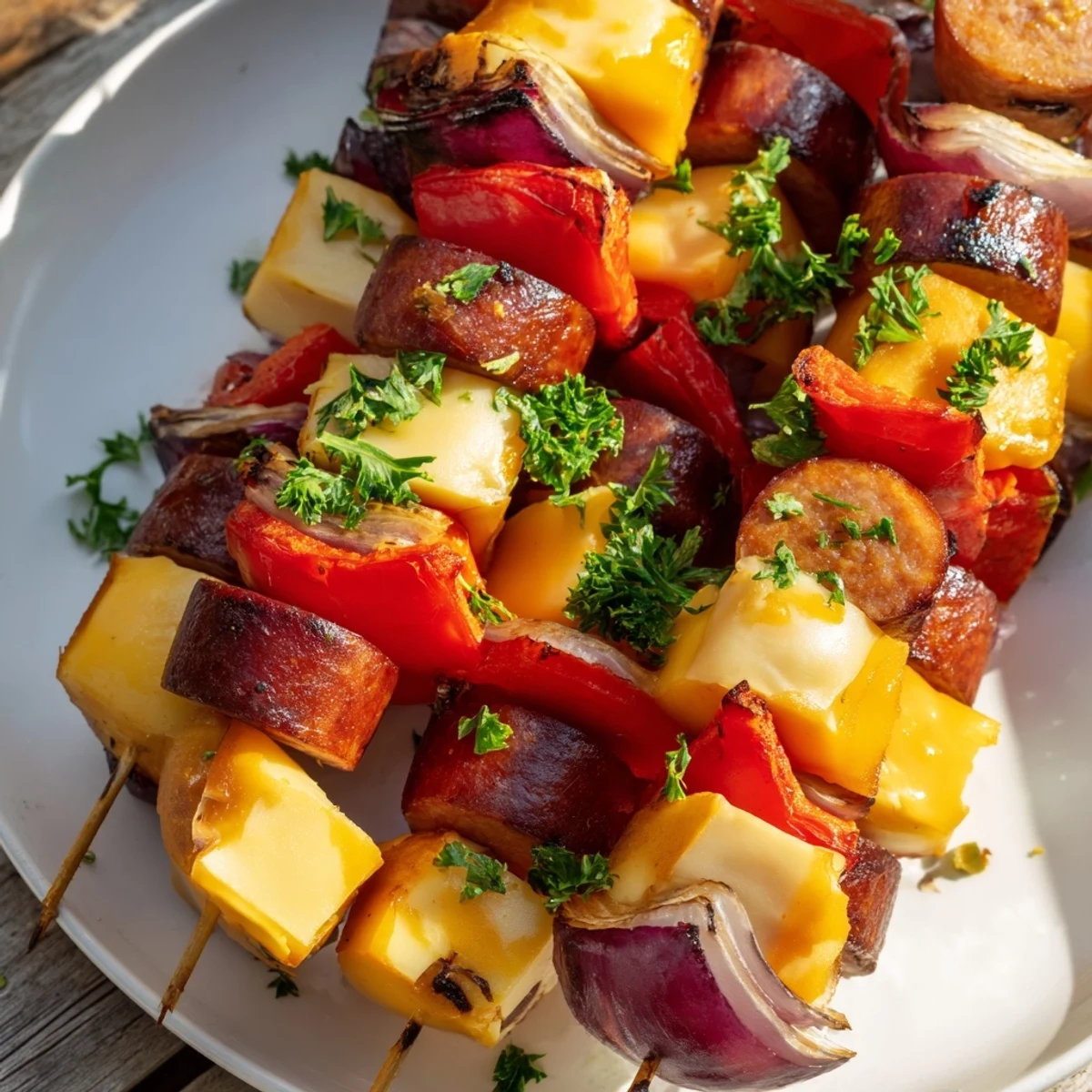 Golden Savory Skewers: Chimney Stack Sausage and Cheese, perfect for a flavorful, shareable appetizer dish.