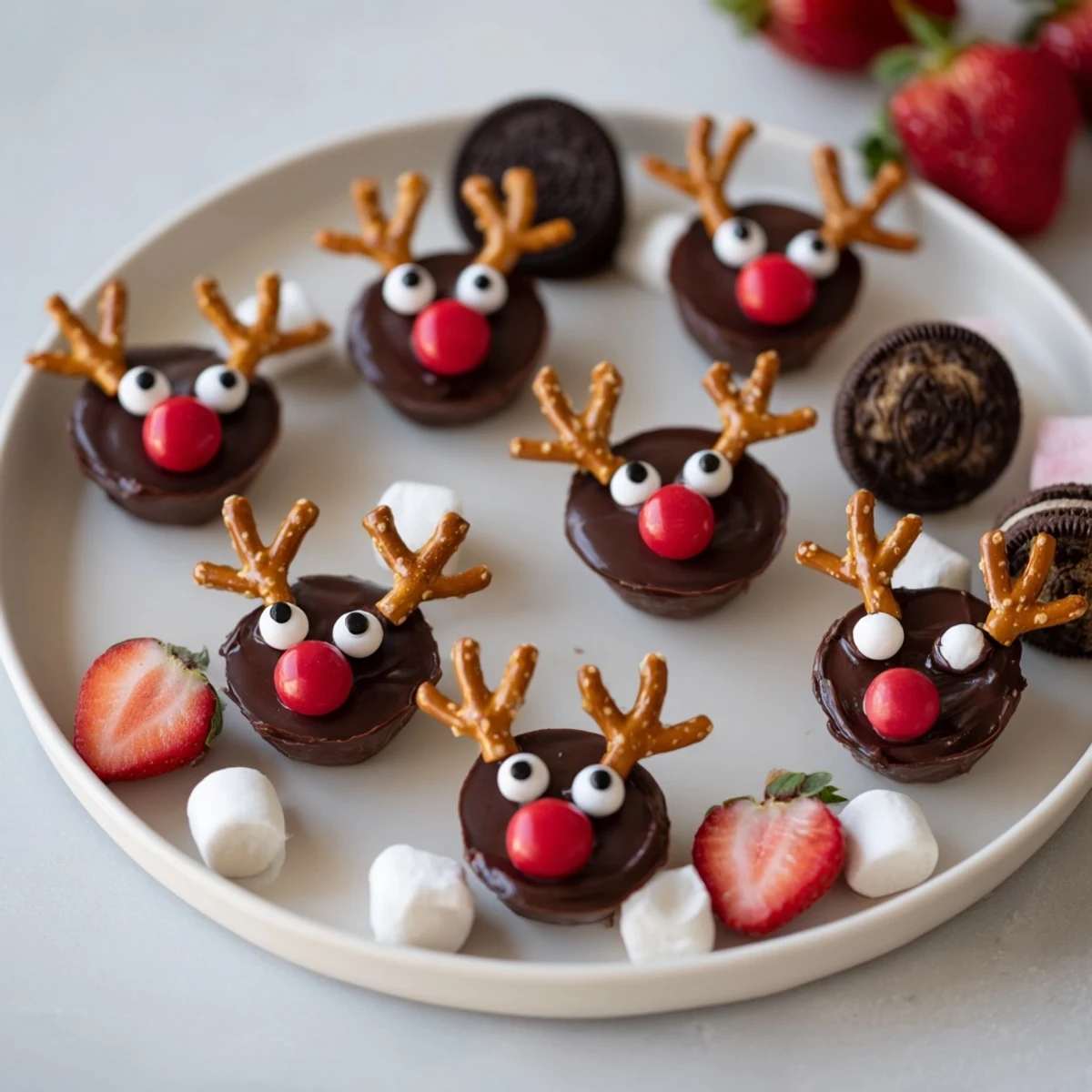 A beautifully arranged board of Chocolate Reindeer Pudding Cups, ready to delight your family and friends.