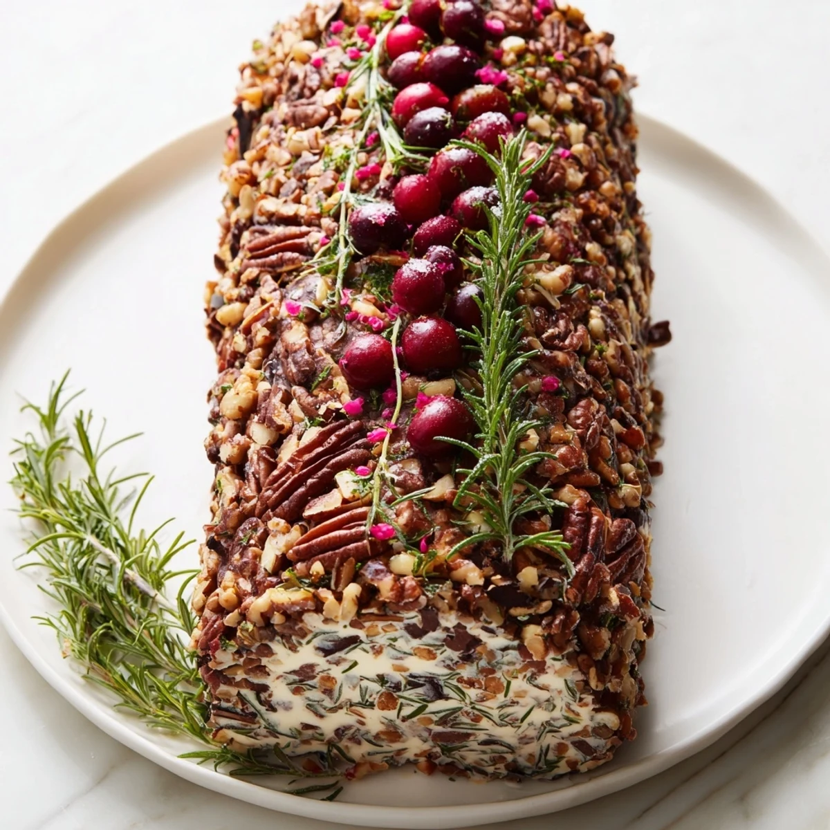 A decadent Yuletide Log cheese centerpiece, festive and ready to serve with crackers and veggies.