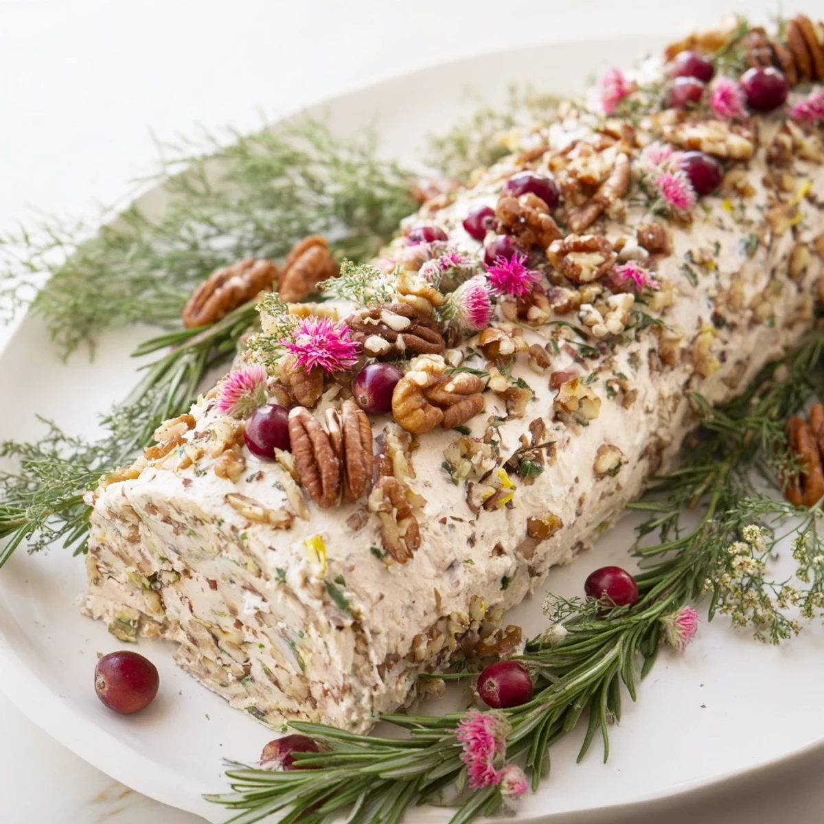 Garnished with rosemary sprigs, this Yuletide Log cheese appetizer is a delicious holiday treat.
