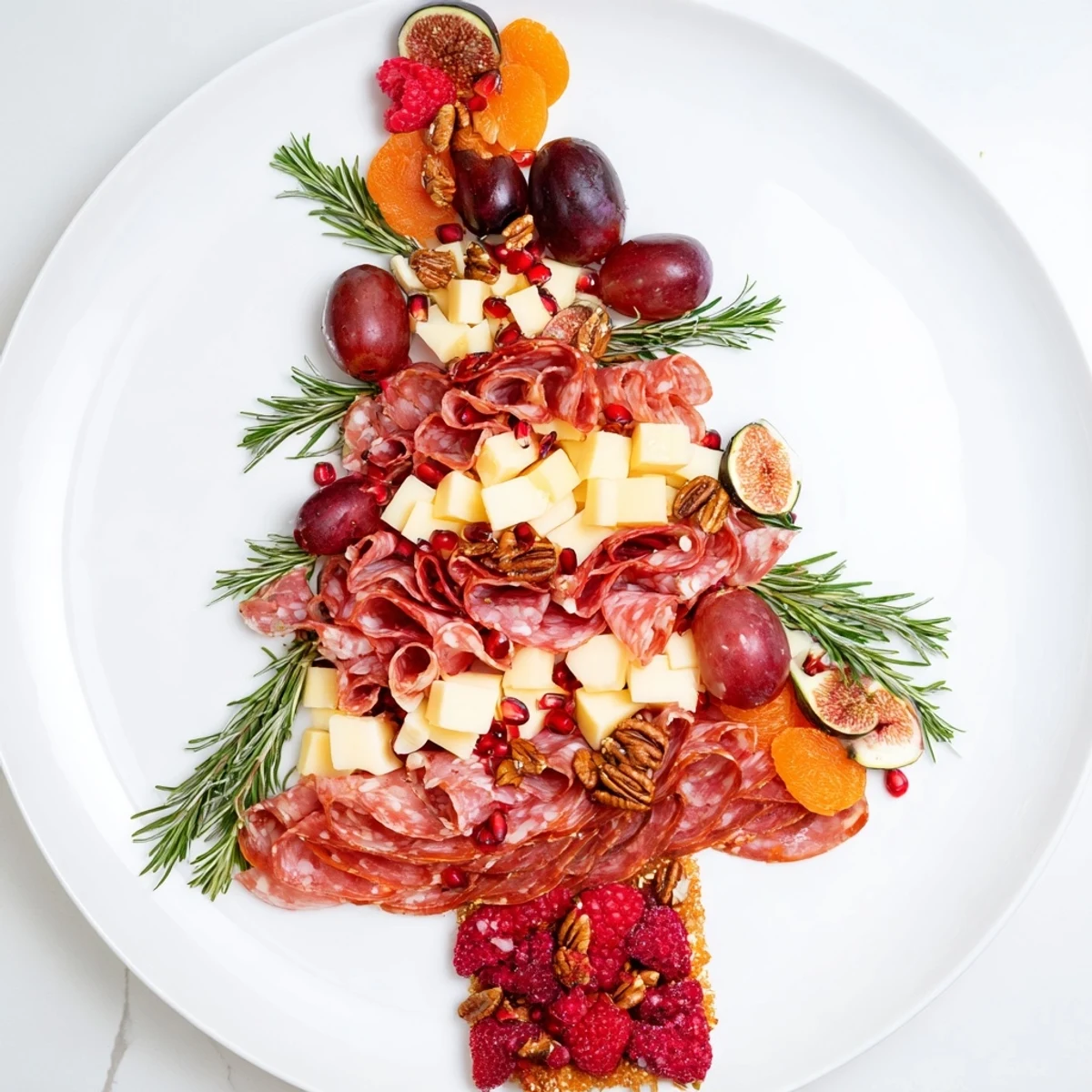 This colorful meat & cheese festive stocking charcuterie board showcases salami, brie, and fresh garnishes.