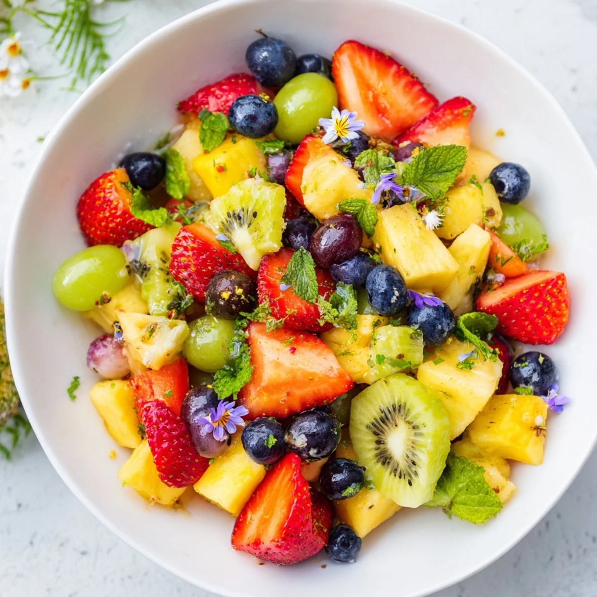 Vibrant Festive Bow Fruit Medley, glistening with fresh fruit in a bowl, ready for a refreshing dessert.