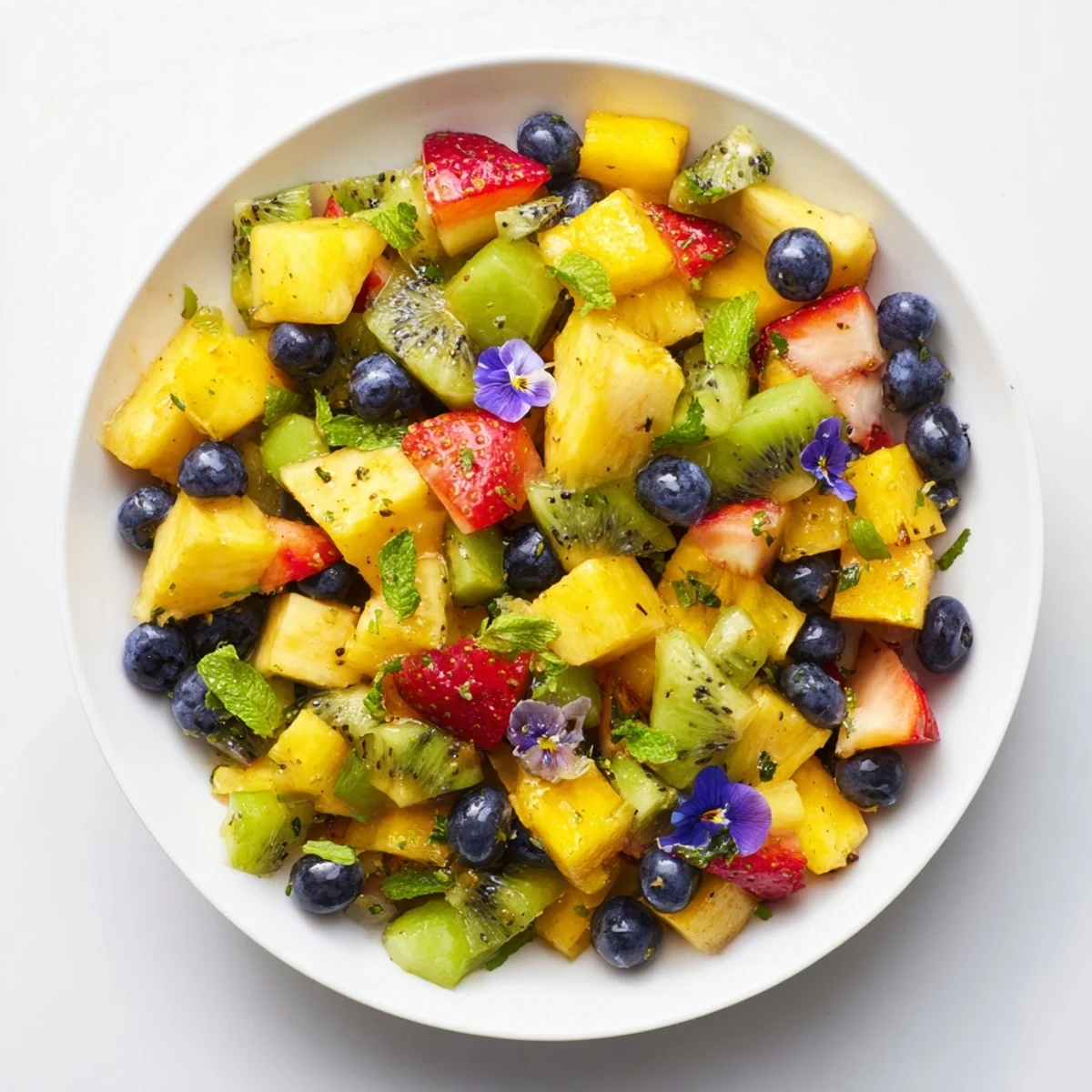 A colorful bowl of Festive Bow Fruit Medley bursts with strawberries, mango, and juicy kiwi, chilled and ready.