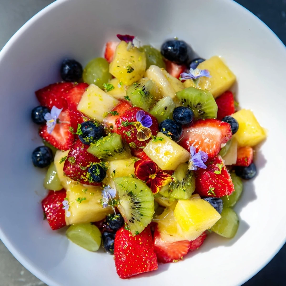 Enjoy a spoonful of the beautifully arranged Festive Bow Fruit Medley, a sweet, refreshing holiday treat.