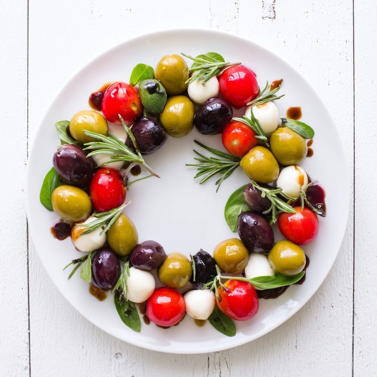 A stunning appetizer wreath showcases bright red cherry tomatoes and olives, ready for easy entertaining.