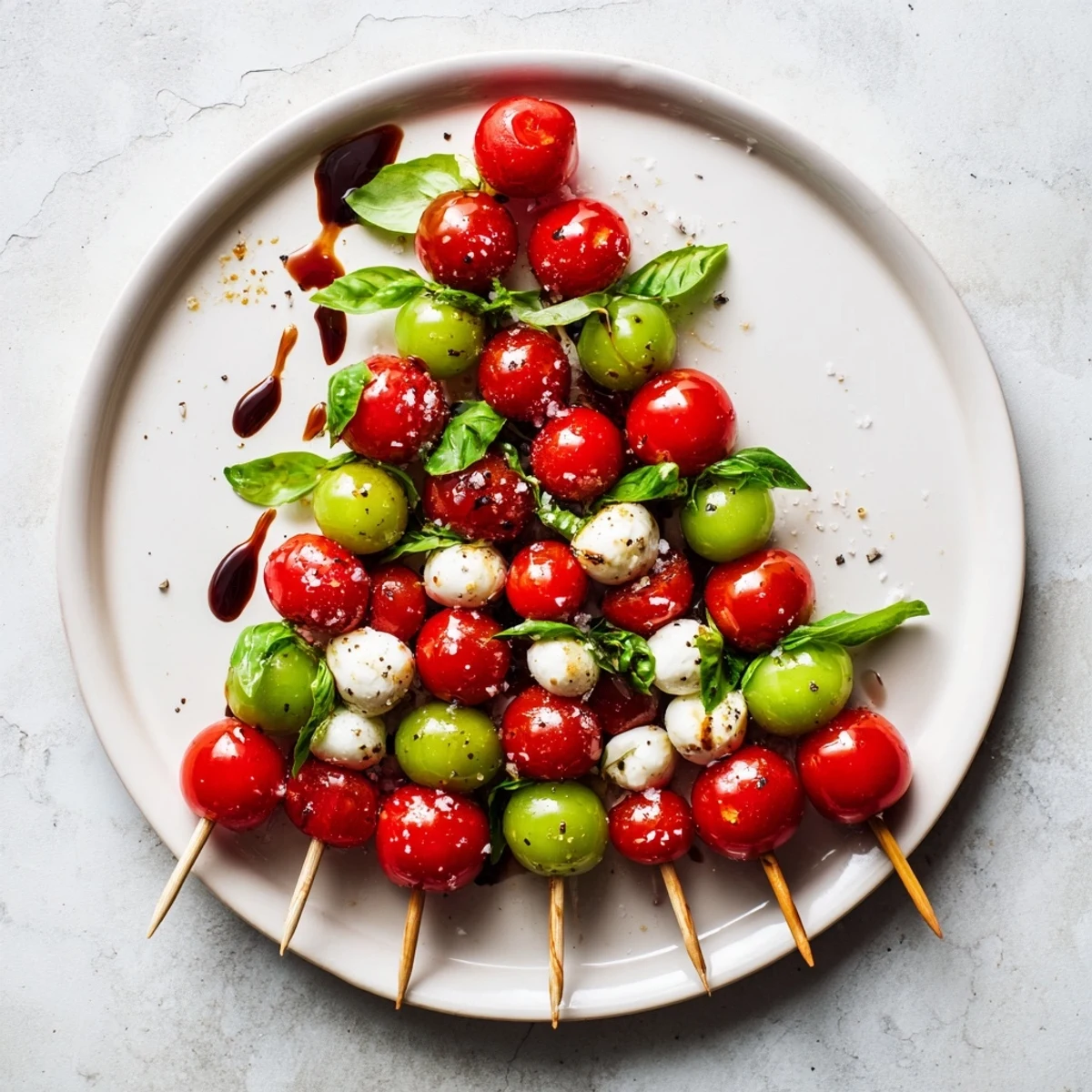 Delicious Caprese Skewer Tree with colorful tomatoes, mozzarella bites, and olive oil drizzle, perfect for a party.