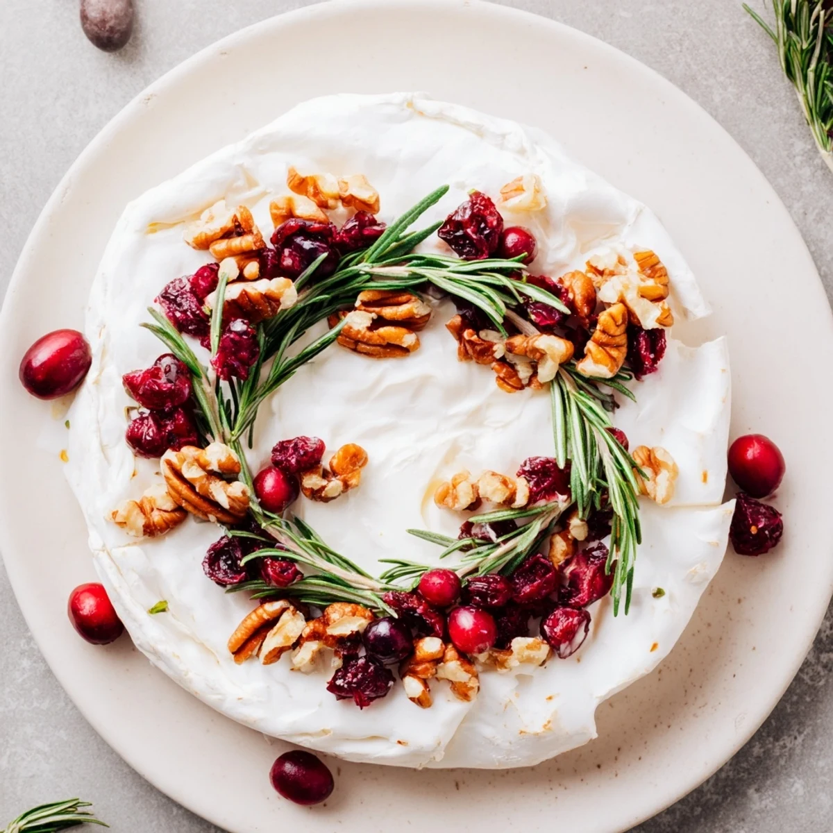 Creamy Brie Cheese Wheel garnished with fresh rosemary and bright cranberries, ideal for a holiday appetizer.