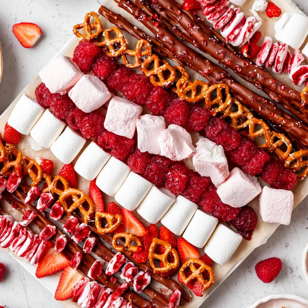 A beautifully arranged Sweet Board brimming with red and white treats, offering a delightful candy stripe effect!