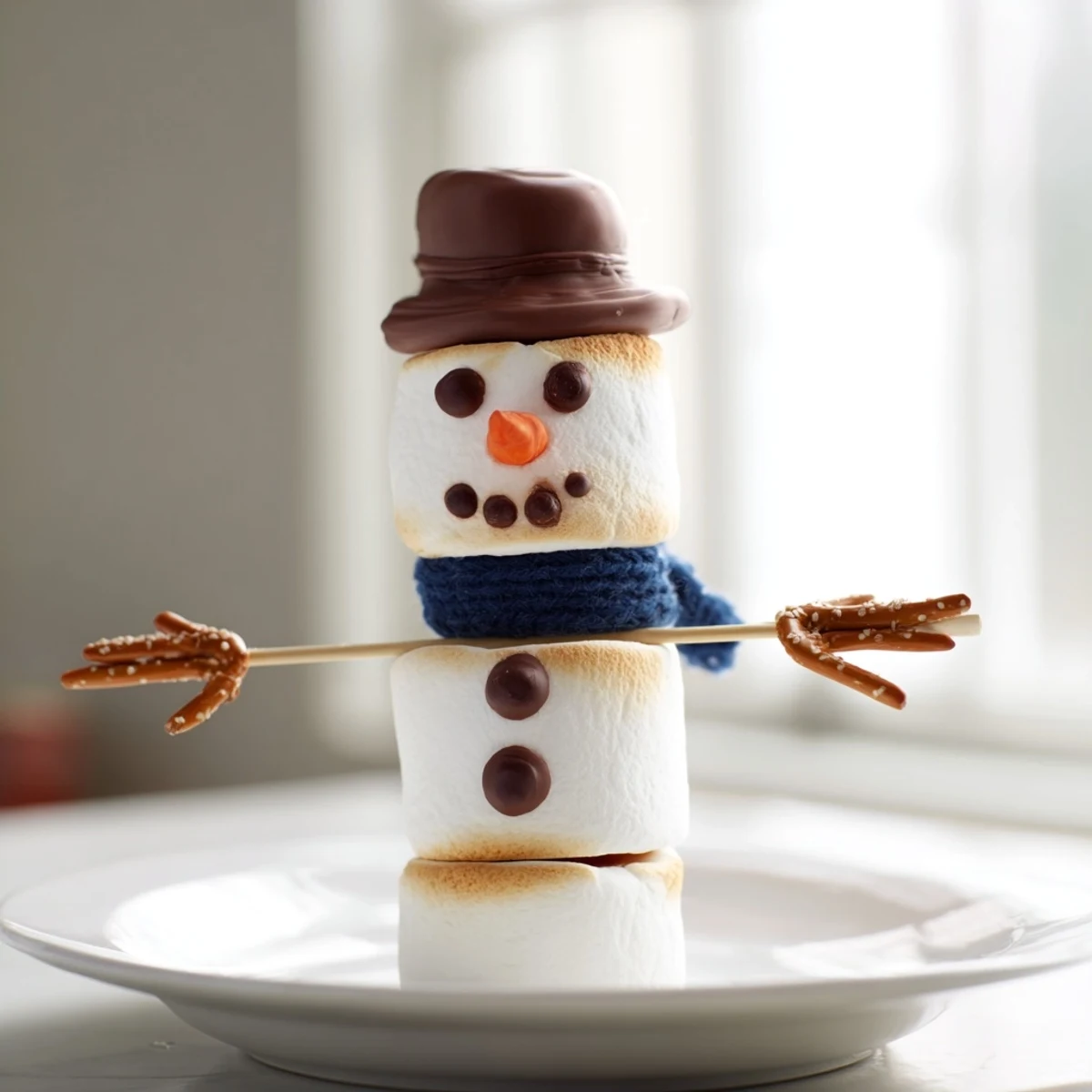 Homemade Marshmallow Snowman Stick Arrangement: Three puffy marshmallows become a snowman with pretzel arms, a fun winter dessert.