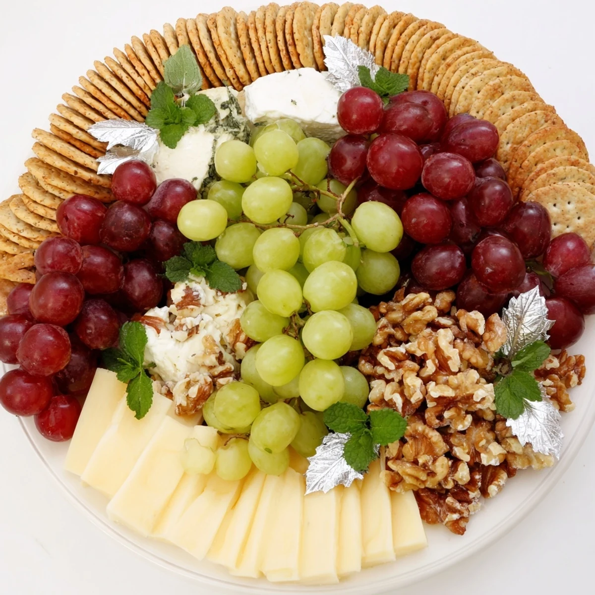 Festive sparkling crackers with grapes, cheese, and a perfect Sparkling Grape and Silver Cracker Platter.