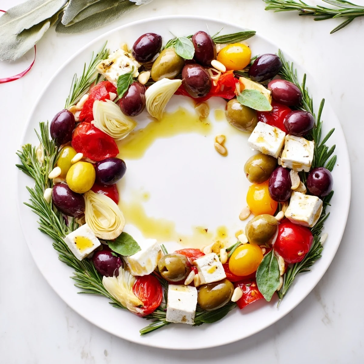 Beautifully arranged Olive and Cherry Tomato Garland Board, perfect for a gathering, ready to eat with crusty bread.