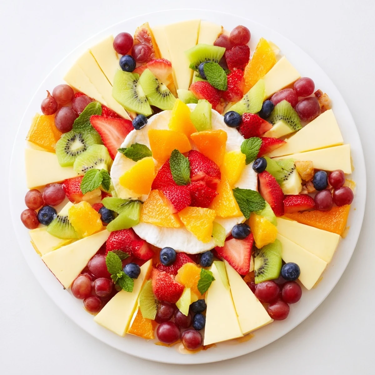 A beautiful display of The Kaleidoscope Circle features colorful fruit and cheese wedges artfully arranged.