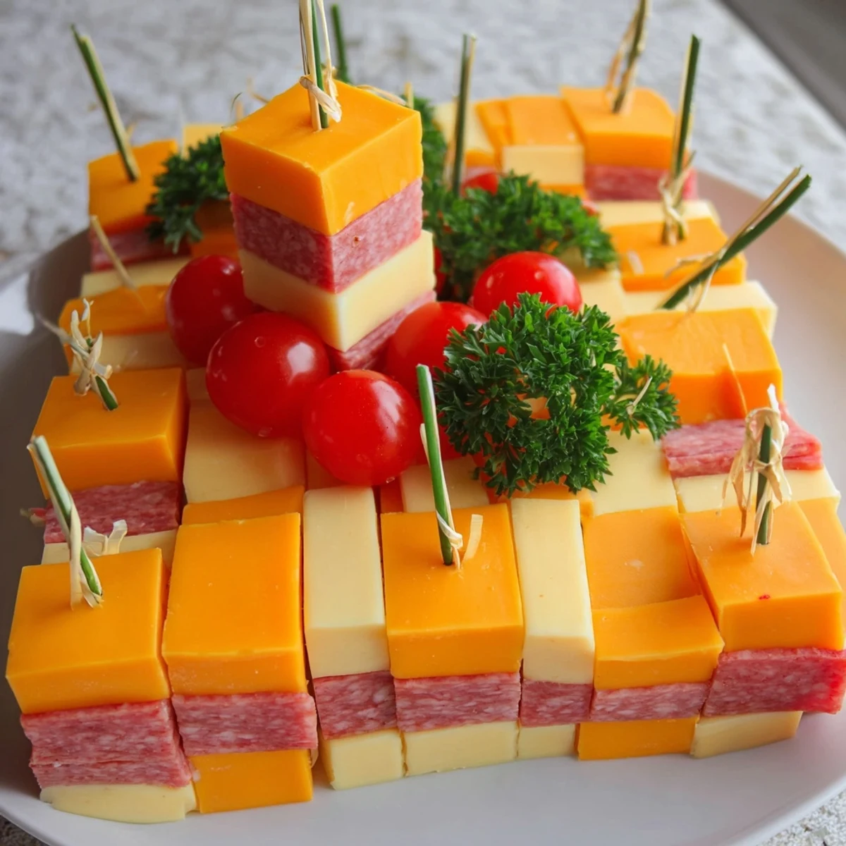 A close-up of The Checkerboard Chalet appetizer featuring cheese, meat, and fresh herbs.
