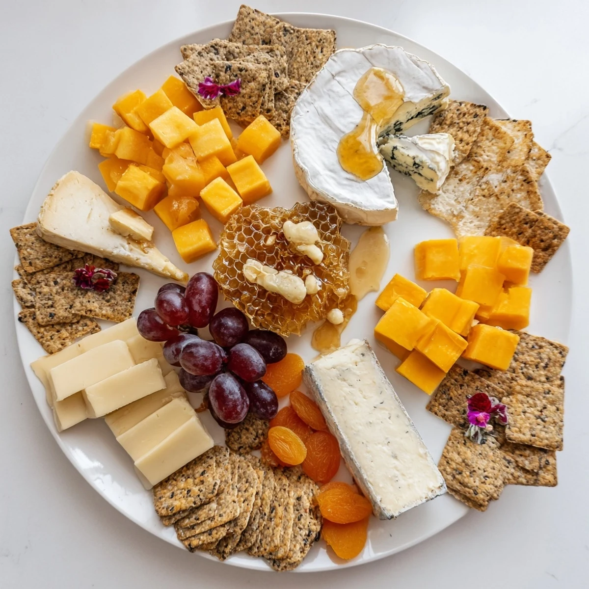 Radiant presentation of The Gilded Hive cheese board; a honeycomb center surrounded by cheese hexagons.