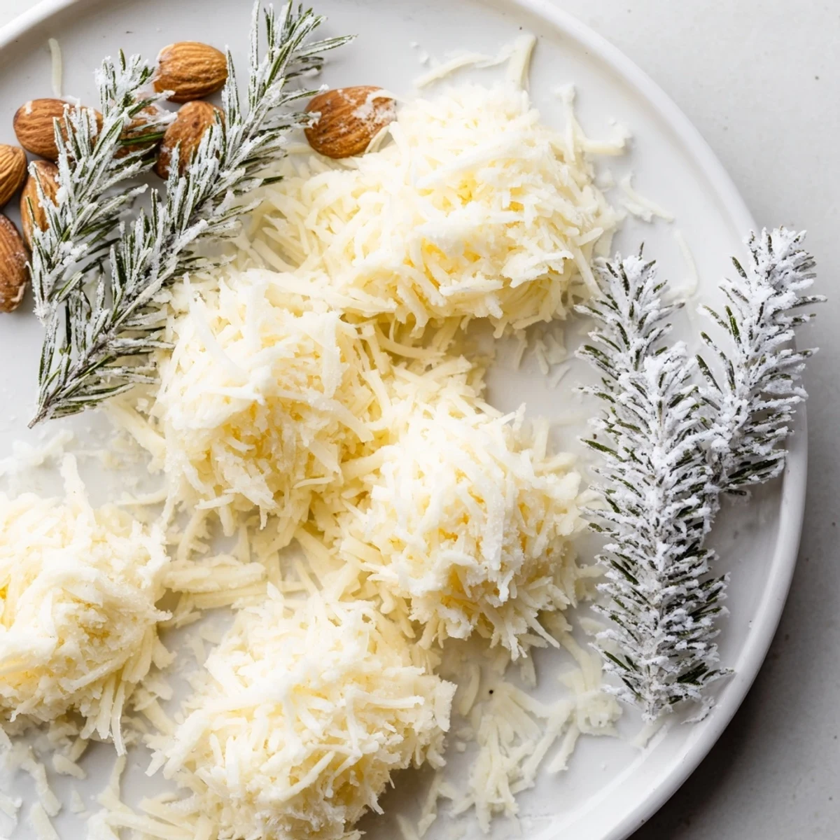 Visually stunning The Frosted Pine cheese board with sugared rosemary as enchanting winter pines.