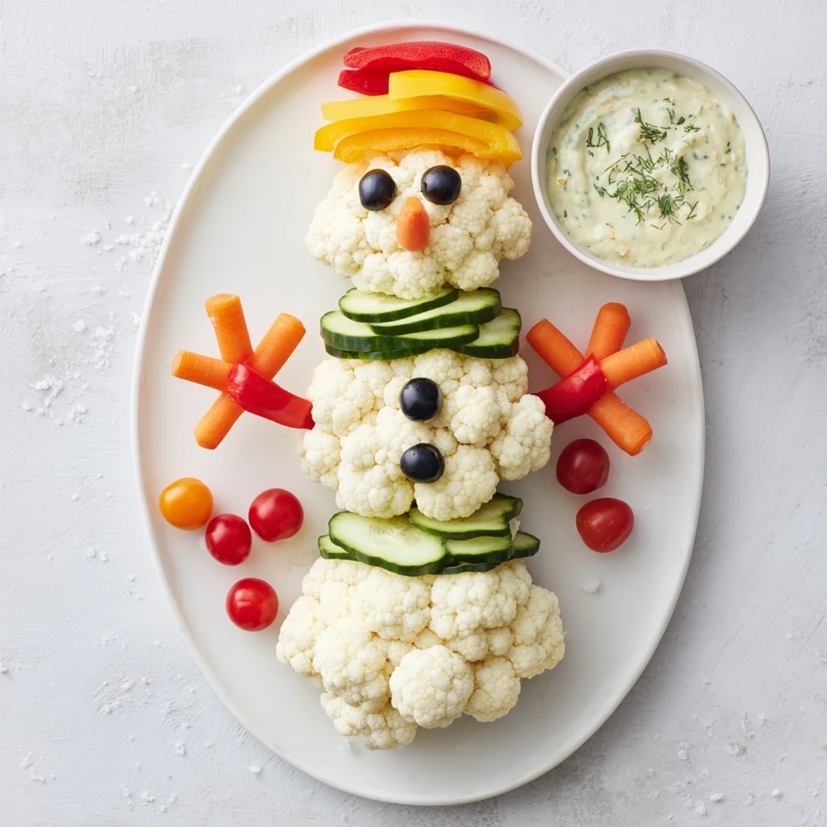 Fresh Snowman Crudités with Dip offer a fun, healthy appetizer, surrounded by vibrant crudités and creamy dip.