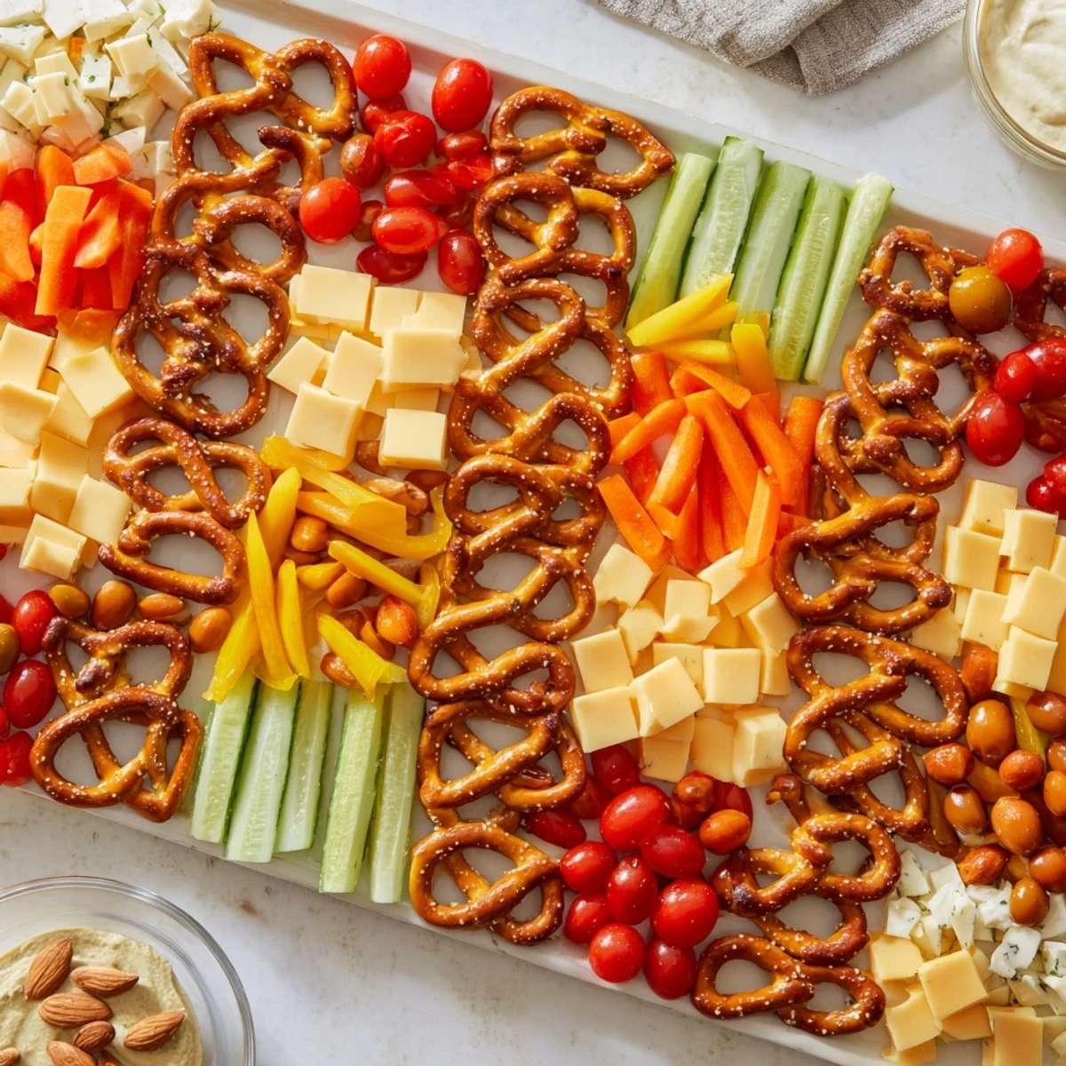 A visually stunning The Urban Grid appetizer with colorful cheese cubes, meats, and crunchy pretzel "streets."