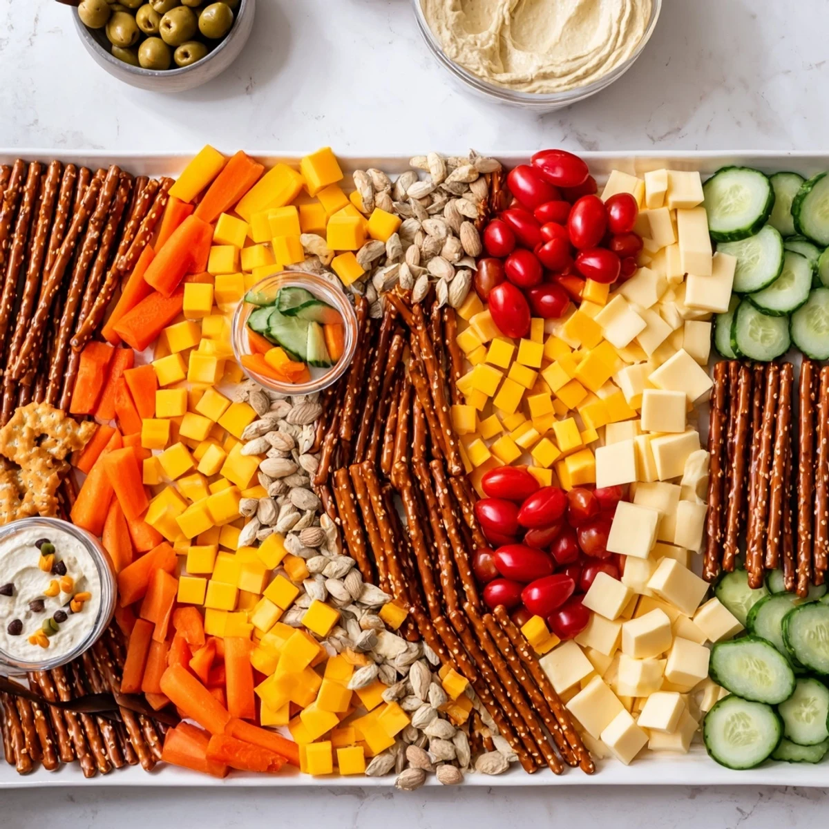 The Urban Grid snack platter features a city design of pretzels, cheddar, gouda, and fresh veggies.