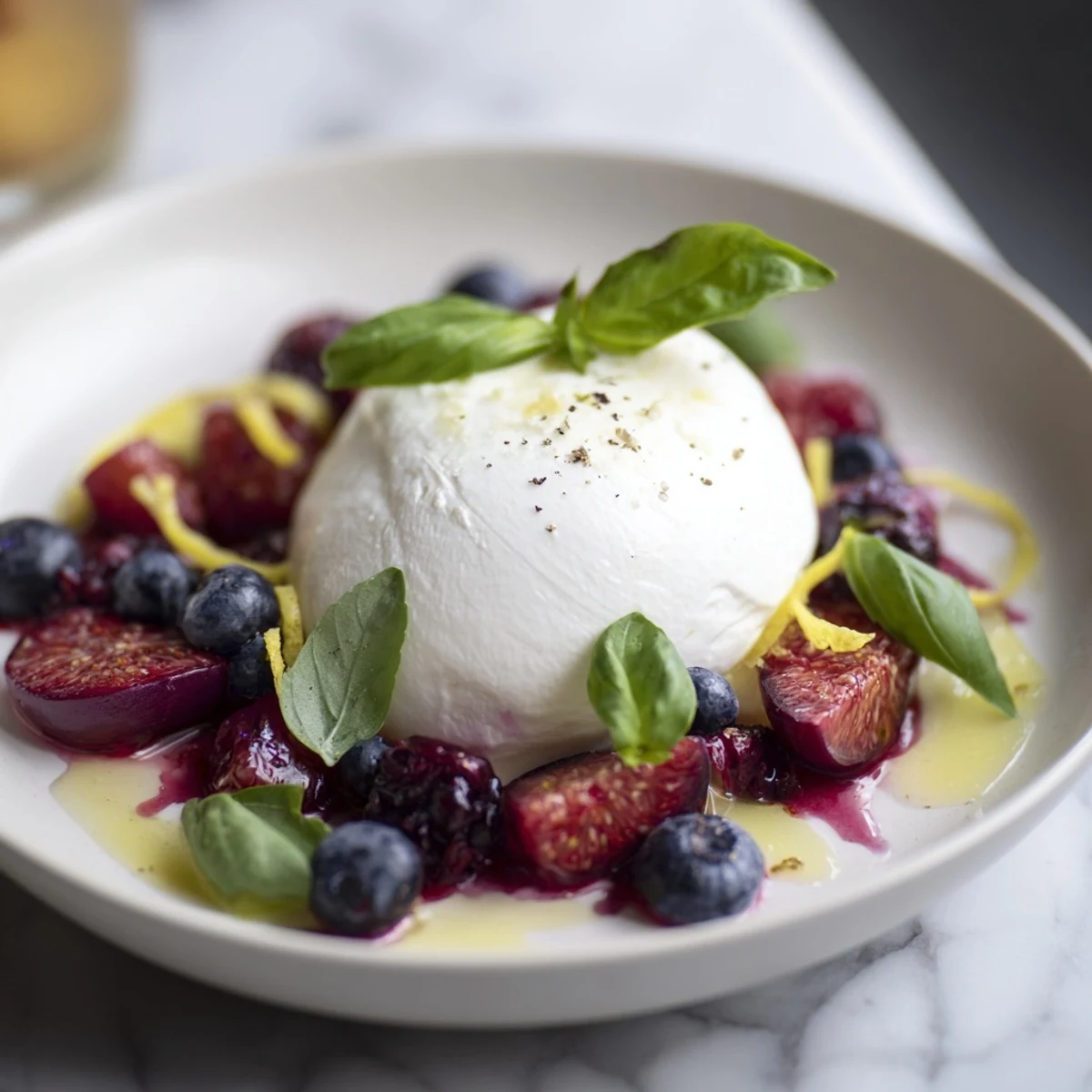 Moonlit Lagoon salad with creamy burrata, juicy grapes, and fresh blueberries, ready to enjoy.