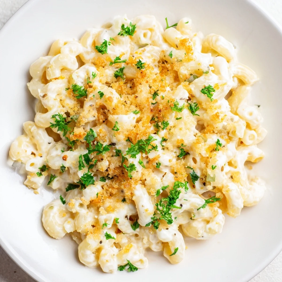 A visually appealing bowl of Cottage Cheese Mac and Cheese, creamy sauce coating the pasta perfectly.