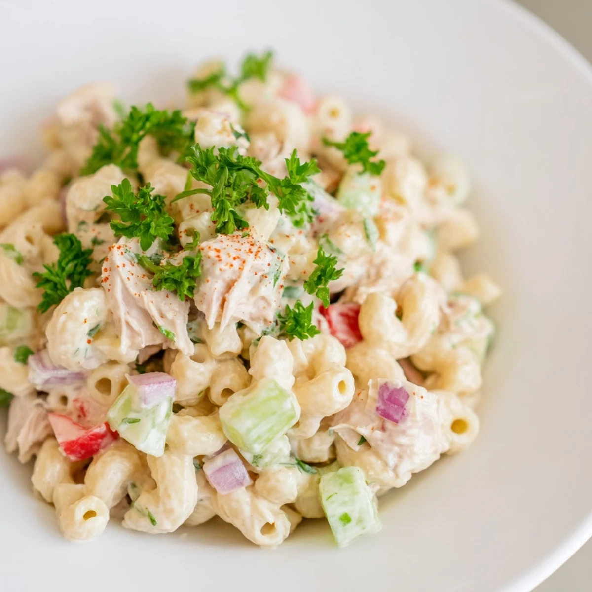 This delicious Chicken Macaroni Holiday Salad is shown, served cold and garnished with green parsley.