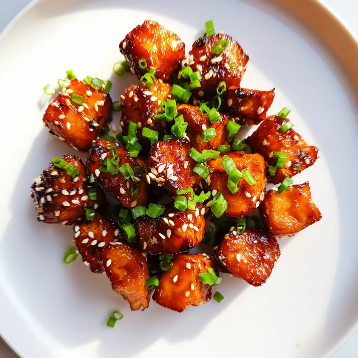 Close-up of crispy, caramelized air fryer turkey bites, offering a satisfying sweet-savory party snack.