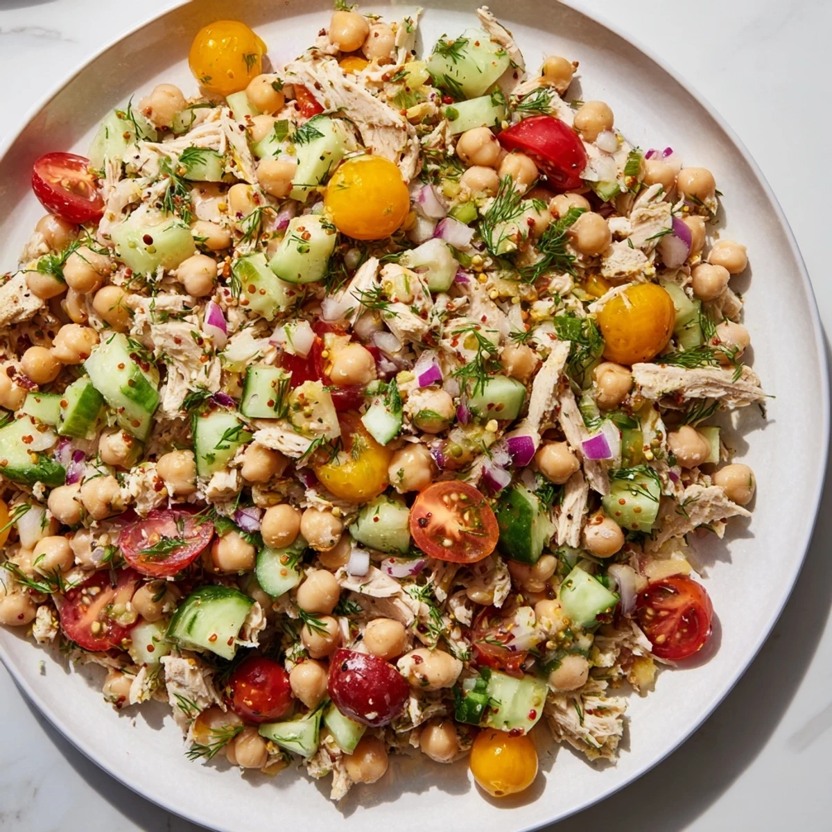 Bright, colorful Dense Bean Salad with Lemon-Dill Chicken, drizzled with zesty dressing, ready to enjoy.