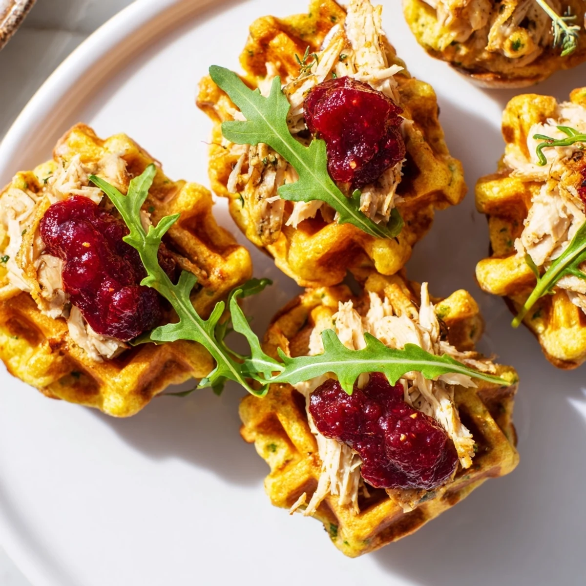 Crispy Stuffing Waffle Chicken Sliders, golden and stacked with shredded chicken and cranberry mayo, ready to eat.