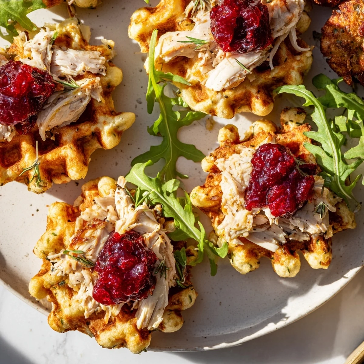 Perfectly cooked Stuffing Waffle Chicken Sliders, with juicy chicken filling and a vibrant cranberry sauce drizzled on top, tempting everyone.