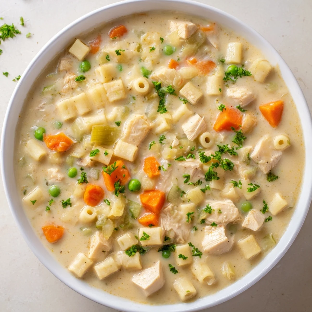 A hearty bowl of Chicken Pot Pie Pasta Soup with visible vegetables and delicious broth, ready to eat.